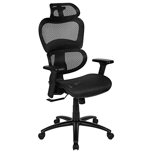 LO Sedia da ufficio ergonomica in rete con inclinazione sincronizzata 2 a 1 poggiatesta regolabile supporto lombare e braccioli girevoli regolabili in nero
