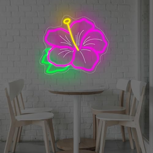 Image of Hibiscus Neon Sign Hibiscus Flower Neon Light Hawaii Floral Neon Light Tropical Flower Sign Home Wall Art Decoration, 15 inchx12 inch, Pink