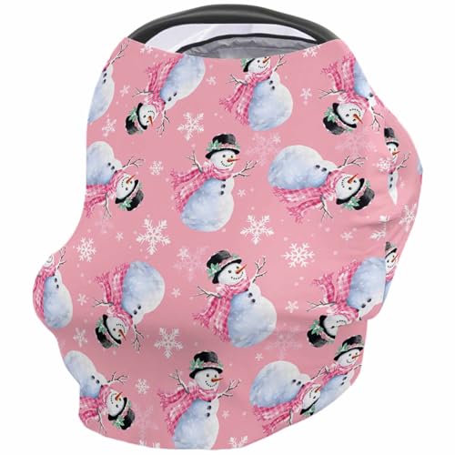 Nursing Cover for Breastfeeding Scarf, Winter Snowflakes Pink Snowman Christmas Baby Car Covers Super Soft Multi Use for Canopy Shopping Cart Cover Blanket Stroller Cover