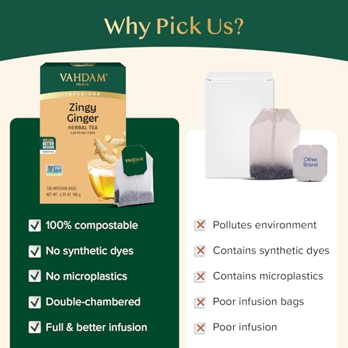 Image of VAHDAM, Ginger Tea (100 Tea Bags)| Caffeine Free, Non-GMO, Indian Origin, Eco-Friendly Individually Wrapped Tea Bags