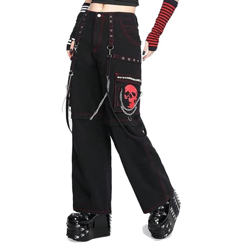 Pantalon Cargo Goth Punk à Chaîne Fonctionnelle et Rivets Imprimé Crâne XXL