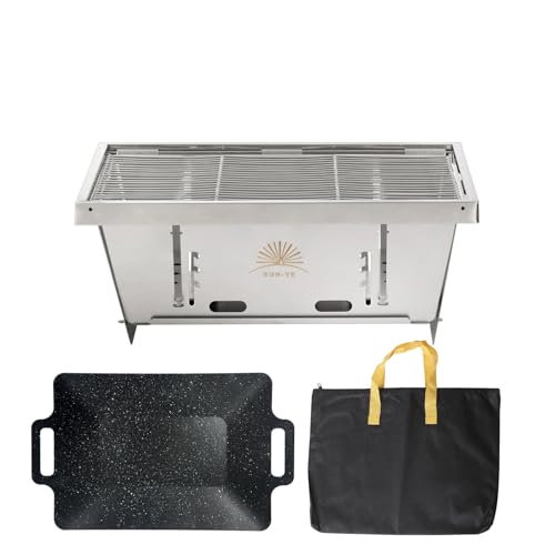 SUN-YE 折り畳みコンロ バーベキュー コンロ ＢＢＱグリル 焚き火台 igtテーブル用 調整可能な炉内燃焼カーボンプレートの高さ ステンレス製 瞬時に展開・収納 ステンレス鋼 1枚 ステンレス棒 2本 収納袋付き
