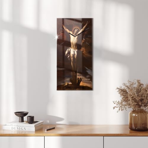 Reloj de Vidrio Sacroarte 30x60cm Silencioso de Pared con la Crucifixión de Cristo 7