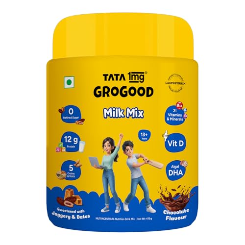 Image of Tata 1mg Grogood Kids Nutrition Drink Mix| With Lactoferrin for Immunity, 12g Protein & Calcium | DHA, 21 Vitamins & Minerals | No Refined Sugar | Chocolate Flavor (13+ Years)