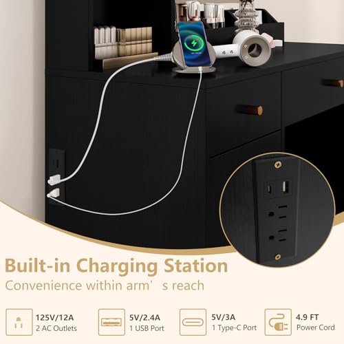 CHARMAID Makeup Vanity Desk with Lighted Mirror & Charging Station, Vanity Table with Storage Stool, Drawers, Cabinet & Shelves, LED Mirror with 3 Color Lights, Dressing Table for Bedroom (Black)