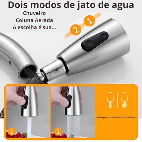 Torneira Cozinha Gourmet Misturador Monocomando Extensível Aço Escovado