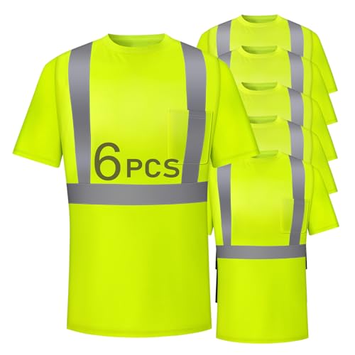 SG-safelife High Visibility Shirts for Men 6 pack, Hi Vis Reflective Breathable Safety Shirt for Work Warehouse, Short Sleeve Durable Shirts (Yellow, Large)