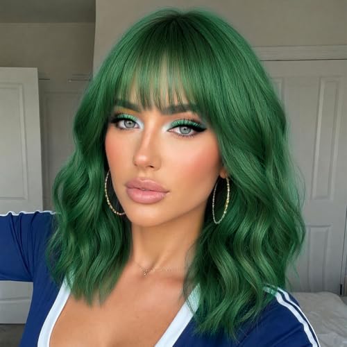Nnzes Green Wigs for Women 16 Inch Synthetic Short Curly Wig with Bangs