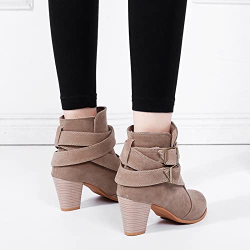 Women's Chunky High Heel Ankle Booties Sexy Round Toe Buckle Strap High Heels Mid Calf Boots Winter Shoes (Khaki,7) #TOP4