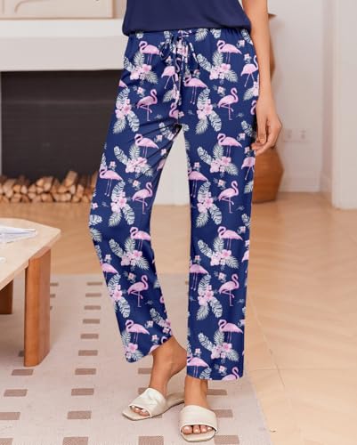 Image of Ekouaer Pajama Sets for Women Round Neck Pjs Short Sleeve Sleepwear with Long Pants Loose Lounge Sets