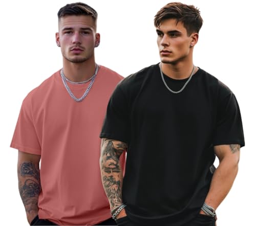Image of Veirdo Solid Oversized 100% Pure Cotton Combo T-Shirt for Men & Boys (Half Sleeves, Round Neck, Drop Shoulder, Baggy Fit, Pack of 2, Available in S to 2XL