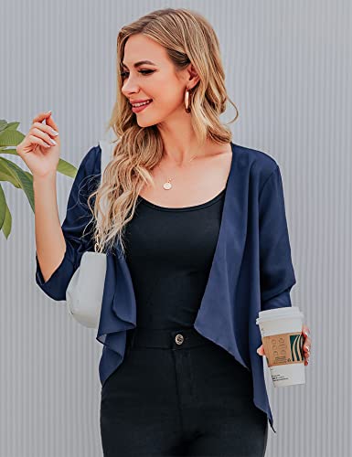 Totatuit Chiffon Cardigan For Women Sheer Bolero Shrugs 3/4 Sleeve Summer Cover Up Open Front Lightweight Solid Color Kimono Thin Blouse Top Cropped Blazer Dressy Jacket For Wedding Navy Blue S #TOP2