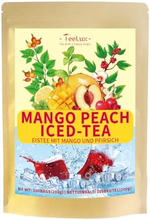 TeeLux Eistee mit Mango Pfirsich Tee Beutel 100 Stück, Fruchtgeschmack Cold Brew Tea für heißen Sommer, Mango Pfirsich Hibiskus Hagebutten Weißdorn Melisse Stevia, süß & erfrischen