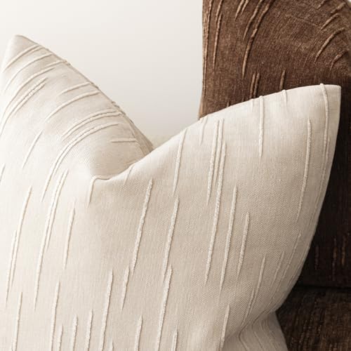 Image of Foindtower Pack of 2 Slubby Textured Chenille Throw Decorative Pillow Covers Square Accent Solid Cushion Cover Neutral Farmhouse Pillow Case for Couch Sofa Bedroom Living Room 18x18 Inch,Ivory