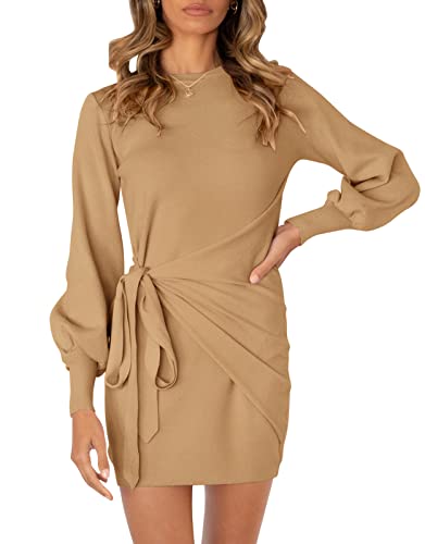ZCSIA Women s Casual Long Sleeve Crewneck Solid Color Ruched Tie Waist Knitted Bodycon Sweater Dress,Camel,Small