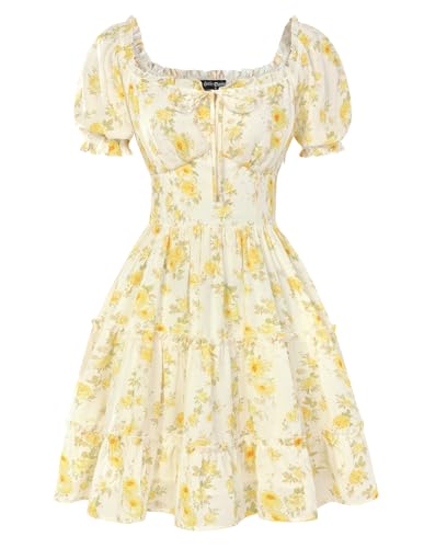 Image of SCARLET DARKNESS Women's Mini Dress Square Neck Puff Short Sleeve Floral Dress Ruffled A-Line Summer Casual Sundress Yellow L