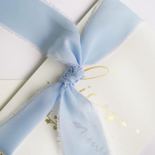 MEEDEE Blue Chiffon 2 Inch Ribbon Fringe Chiffon Ribbon Light Blue Frayed Ribbons for Crafts Silk Chiffon Ribbons for Gift Wrapping Wedding Invitation, Bridal Bouquet (3 Rolls 21 Yards) by MEEDEE - Image 4