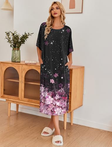 Image of Ekouaer Women's Nightgown Short Sleeve Sleepshirt Long Loungewear Casual Maxi Lounge Dress House Dresses with Pockets
