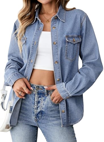 Sidefeel Womens Denim Shirt Long Sleeve V Neck Button Down Jean Shirts Trendy Casual Oversized Shacket Tops Blouses Iceland Blue M