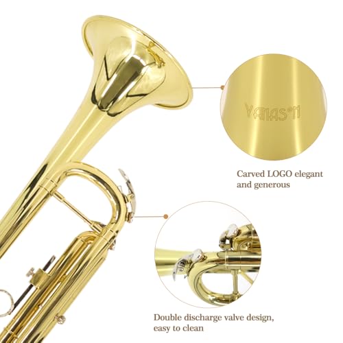 YANASON Bb Standard Trumpet Set for Beginner, Brass Student Trumpet Instrument with Lightweight portable Case, Cleaning Kit, 7C Mouthpiece and Gloves,Golden