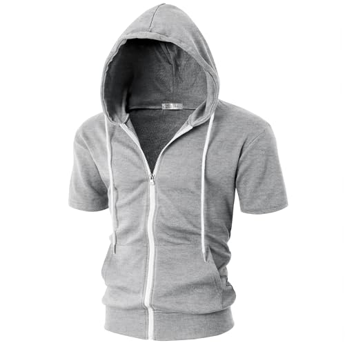 Ohoo Mens Slim Fit Zip up Hoodie Short Sleeve Thin Jacket Full Zip Sweatshirt with Kanga Pocket - DCF007-GREY-2XL