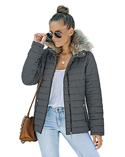 Vetinee Women Casual Faux Fur Lapel Zip Pockets Quilted Parka Jacket Puffer Coat Odyssey Grey Large (Fits Us 12-Us 14) #TOP2