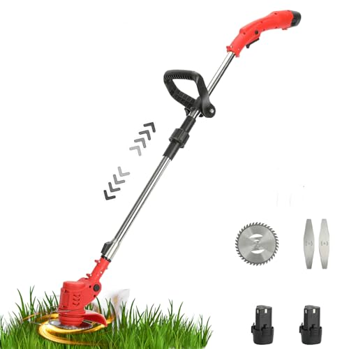 450W Cordless Strimmer,Garden Strimmer with Blades and 2 Batteries, Telescopic Rod Anti-slip Handle Battery Strimmer,Lightweight Brush Cutter Electric String Trimmer Lawn Edger Tool for Garden (Red)