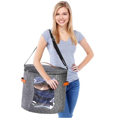 Yopay 2 Pack Hat Storage Boxes for Women, Oversized Round Travel Hat Container with Dust Proof Lid Window, Foldable Stuffed Toys Clothes Brim Hats Storage Organizer Bag Bin, Adjustable Shoulder Strap