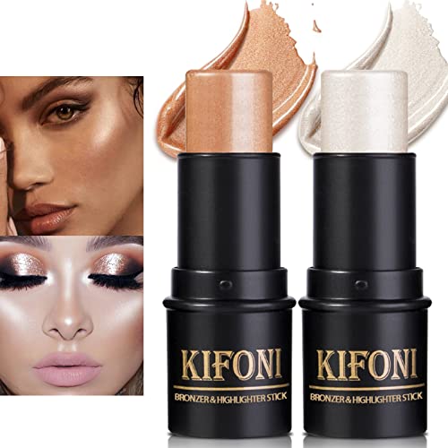 Lsxia 2Pcs Highlighter Stick Cream Contour Stick Makeup Kit, Shimmer Highlighter And Bronzer Stick Contour Wand, Water-Proof Long Lasting Smooth Face Brightens & Shades Contouring Stick Illuminator Makeup -Highlighter (#03 Champagne Gold #06 Silver) #TOP28