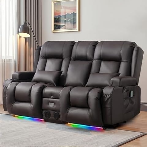 URRED Power Reclining Loveseat Sofa with Console, RV Couch Loveseat Recliner Sofa with Massage & Heat, LED Light, Cupholders, Bluetooth Speakers, USB Charge Ports, Outlets, Faux Leather, Dark Brown Cover