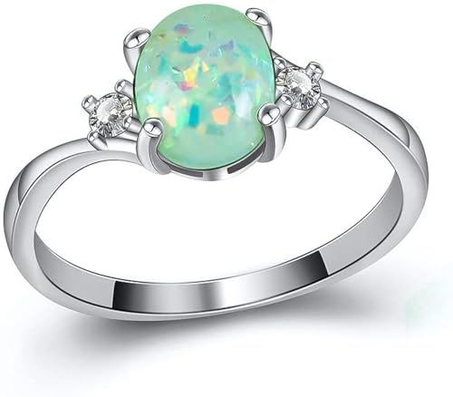 Exquisite Women's 925 Plate Silver Ring Oval Cut Created-Fireopal Diamond Jewelry Birthday Proposal Gift Bridal Engagement Party Band Rings Size 5-11 Green 7
