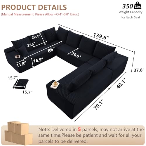 Image of Modern Modular Sectional Sofa, Big Comfy Corduroy Cloud Couch with Deep Seat, Boneless Couch Upholstered 8-Seater U-Shaped Sofa for Living Room, No Assembly Required (Black)