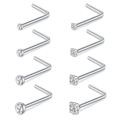 NIUSIMAN 18G Piercing nariz acero quirurgico,8PCS L de cristal Piercing nariz Stud Pin de plata de cristal de la nariz Piercing Kit Labret Piercing Bares Set Mujeres Niñas Hombres