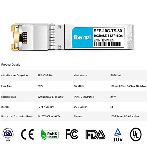 Image of 10G SFP+ RJ45 80m for Arista Networks SFP-10GE-T8010GBASE-T SFP+ 80m RJ45 Cat6a /7 Mini-GBIC 10gb Copper R-J45 Transceiver Module