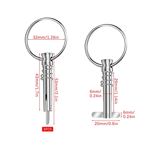 Hysagtek 6 Pcs Bimini Pins 1/4" Diameter Bimini Top Hardware, Quick Release Pin Boat Canopy Pins For Boat Canopy Marine Hardware, 316 Stainless Steel With Pull Ring #TOP1