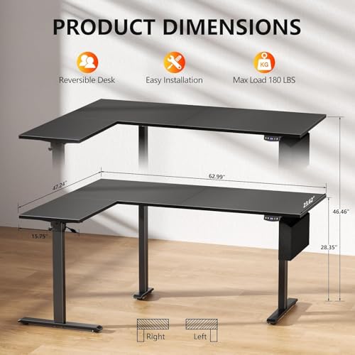 Image of Korfile L Shaped Electric Standing Desk,63 Inch Adjustable Height Sit to Stand Corner Desk with Memory Presets, Reversible Computer Table for Home Office, Work and Study, Black