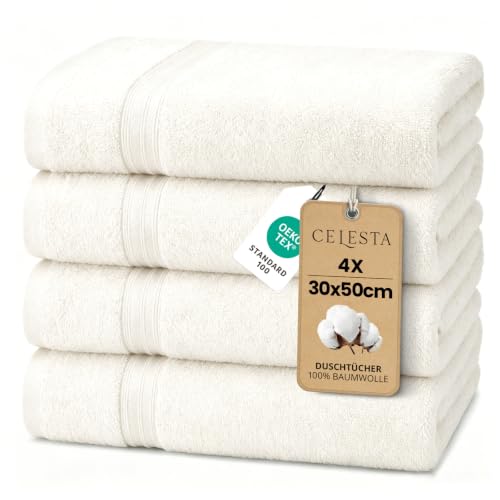 CELESTA Gästehandtücher 30x50 cm, 4er‑Set, 100% Baumwolle Frottee, Weiß