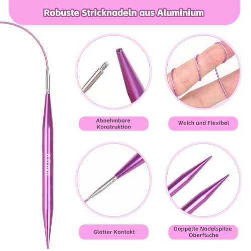 Coopay Austauschbare Rundstricknadeln Set Lila 3,0-10mm 13 Paar Aluminium – Bild 5