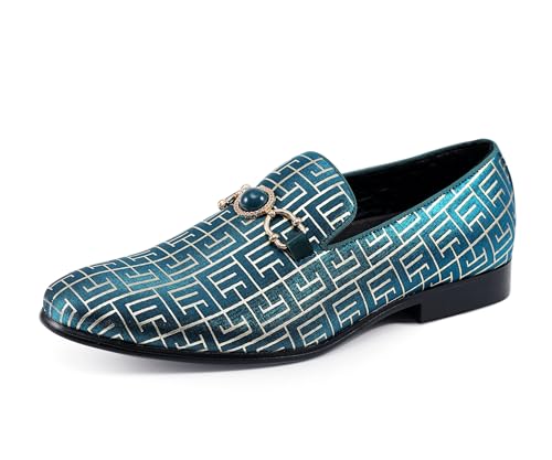 Amali Kazimar Luxury Loafers for Men - Elegant Slip-On Men’s Dress Shoes - Fashion Smoking Slippers with Golden Geometric Patterns and Embellished Ornament, Teal, Size 14