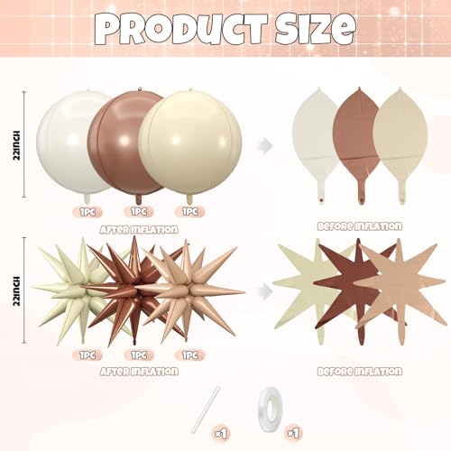 Image of 6pcs 22 inch White Brown Star Balloons and 4D Large Foil Balloons, Cream white Star Balloon Nude 4D Foil Aluminum Balloon For Birthday Baby Shower Party Boho Wedding Anniversary Engagement Decoration