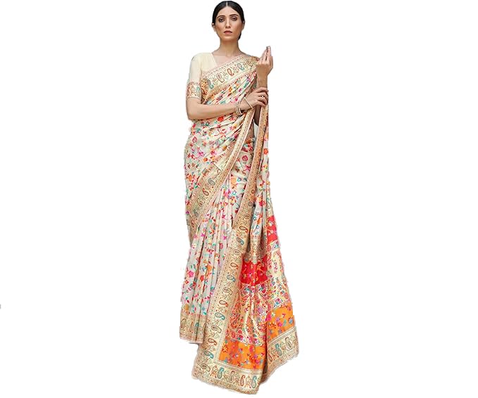 Designer pashmina cream color saree with blouse-picture-37