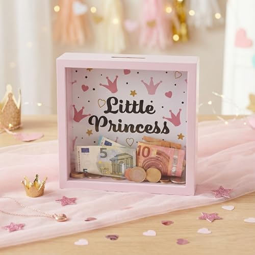 MIJOMA Tirelire en bois avec façade en verre – Cadre d'épargne décoratif pour les cadeaux d'argent pour mariage, anniversaire, voyage et plus – boîte à argent créative (Little Princess - rose, 20 x 20