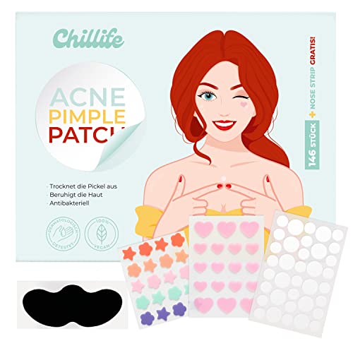 CHILLIFE Set de 146 parches antiacné - tratamiento facial invisible con hidrocoloide, eliminador de granos y espinillas - incl. banda para puntos negros de la nariz