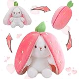 MIAODAM Bunny Stuffed Animal Reversible Cuddle Bunny Stuffed,Strawberry Bunny Transformed Rabbit Plush Zipper,Turns Into Ears Bunnies Plushies Toy Cute Stuffy Doll Easter