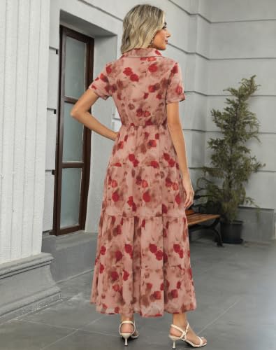 Image of Kranda Women 2026 Summer Collared V Neck Short Sleeve Button Down Chiffon Long Tiered Floral Maxi Dress with Pockets