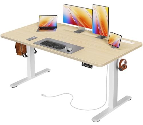 Image of Huuger Electric Standing Desk with Power Outlets and USB-C Port, 55 X 24 Inch Height Adjustable Desk, Sit Stand Desk for Home Office, Computer & Gaming Desk with 4 Presets, Stable Steel Frame, Marple