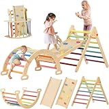 Tiny Land Pikler Triangle Set, 7-in-1 Foldable Pikler Triangle Climbing Toys Set for Kids,Baby Indoor Playground Jungle Gym, Wooden Montessori Climbing Set for Toddler (Rainbow)