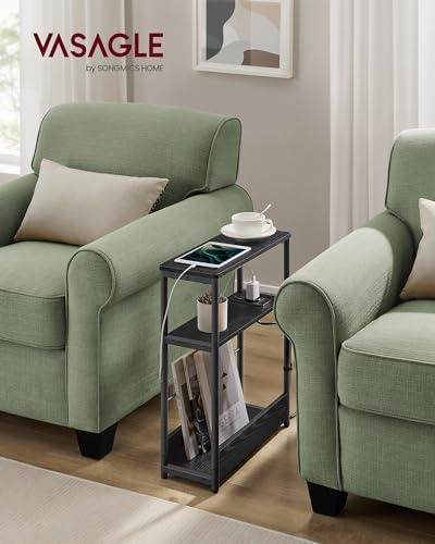 VASAGLE Mesa Auxiliar con Multienchufe, Mesita Estrecha con 3 Estantes, para Espacios Pequeños con Revistero, para Salón, Dormitorio, Estudio, Negro Ébano y Negro Tinta LET335B02 - imagen 2