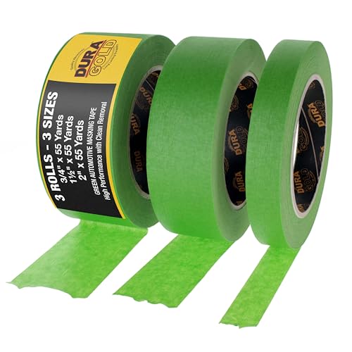 Dura-Gold Green Automotive Masking Tape 3/4, 1-1/2, 2 Inch (0.7', 1.41', 1.88' x 55 Yards), 1 Roll...