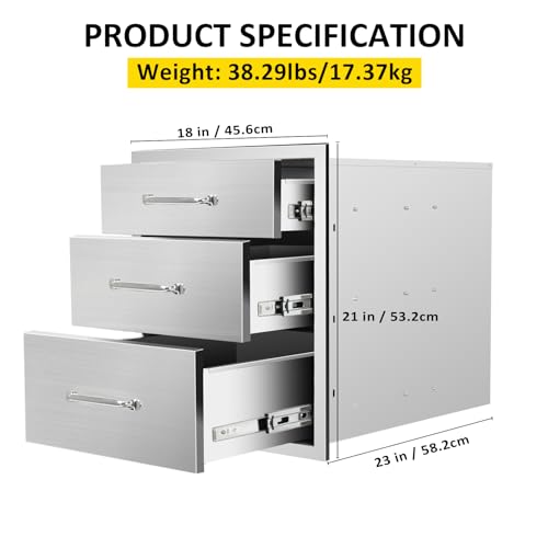 Image of Outdoor Kitchen Drawers 18 inch W x 21 inch H x 23 inch D Flush Mount Triple BBQ Drawers with Chrome Handle Stainless Steel Drawer for Outdoor Kitchen Island, Patio Grill Station